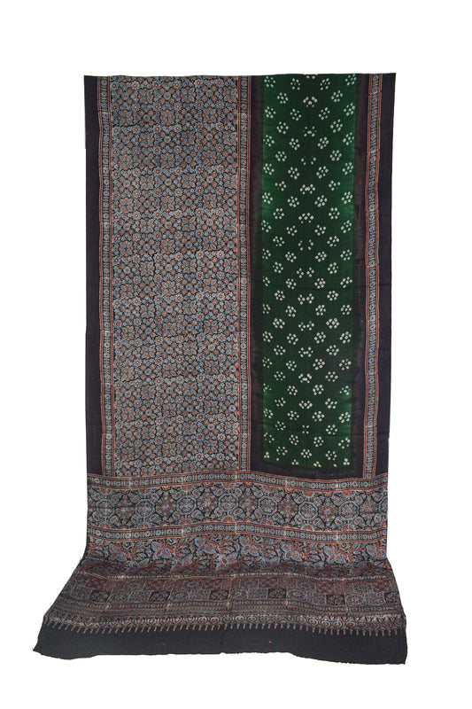 Ajrakh Modal Silk Part Natural Dye Half Bandhej Hand Block Print Saree with Blouse Piece - 5.5 Mtr Length - SKU : ZD18902A