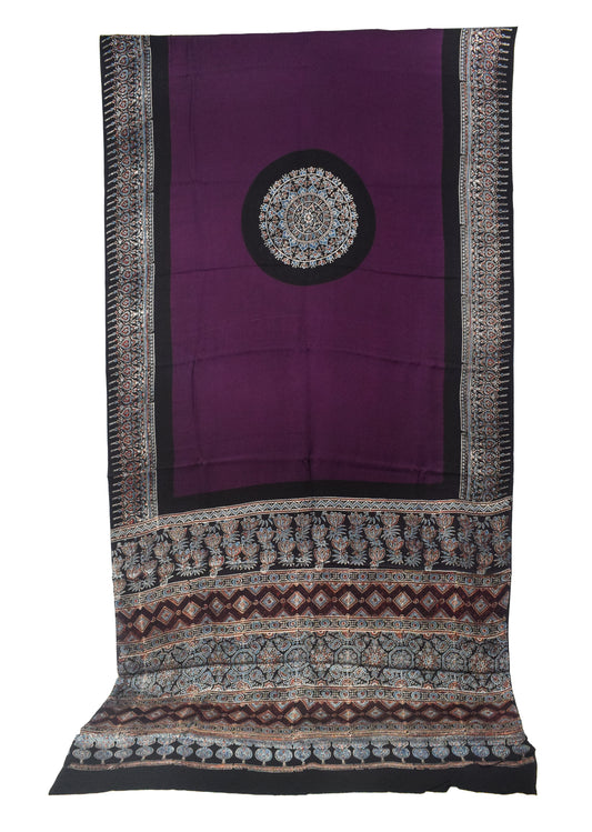 Plain Dyeing Modal Silk Part Natural Dye With Full Ajrakh Border & Ajrakh Pallu Hand Block Print Saree with Blouse Piece - 5.5 Mtr Length - SKU : 0166-PUBK