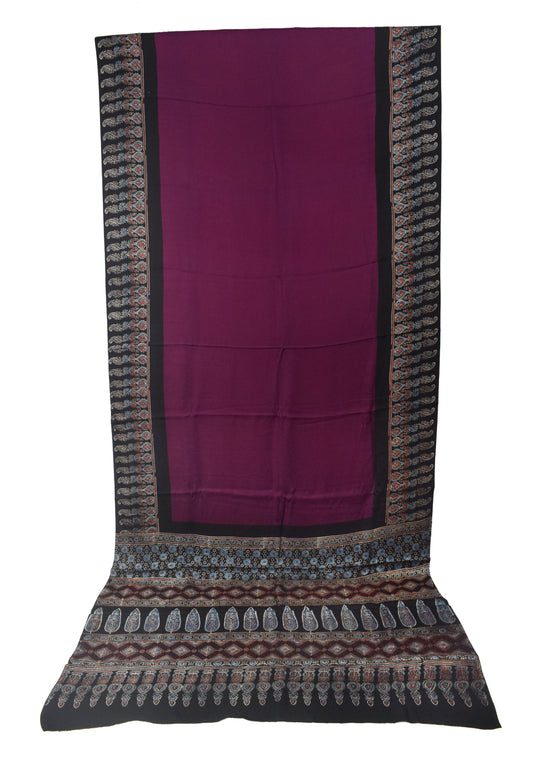 Plain Dyeing Modal Silk Part Natural Dye Ajrakh Border Hand Block Print Saree Natural Dye Ajrakh Pallu - With Blouse Piece - 5.5 Mtr Length - SKU : 0167-MGBK