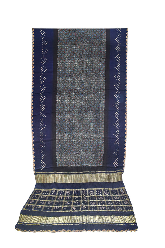 Ajrakh Modal Silk Part Natural Dye Bandhej Border & Bandhej Pallu Gharchola Design Saree Hand Block Print - With Blouse Piece - 5.5 Mtr Length - SKU : ZD29A01A