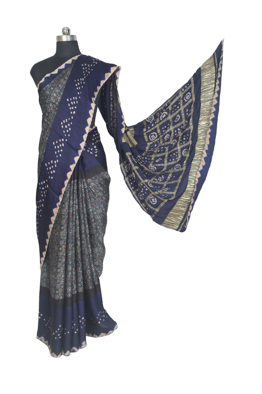Ajrakh Modal Silk Part Natural Dye Bandhej Border & Bandhej Pallu Gharchola Design Saree Hand Block Print - With Blouse Piece - 5.5 Mtr Length - SKU : ZD29A01A