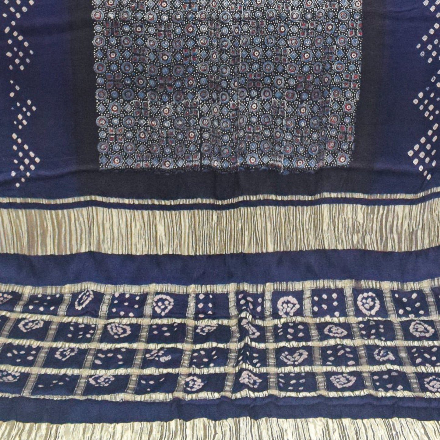 Ajrakh Modal Silk Part Natural Dye Bandhej Border & Bandhej Pallu Gharchola Design Saree Hand Block Print - With Blouse Piece - 5.5 Mtr Length - SKU : ZD29A01A