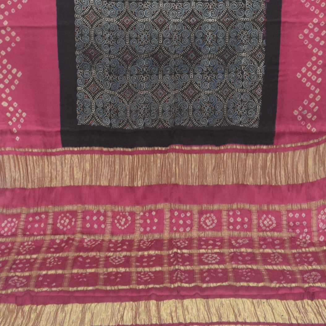 Ajrakh Modal Silk Part Natural Dye Bandhej Border & Bandhej Pallu Gharchola Design Saree Hand Block Print - With Blouse Piece - 5.5 Mtr Length - SKU : ZD29A01D