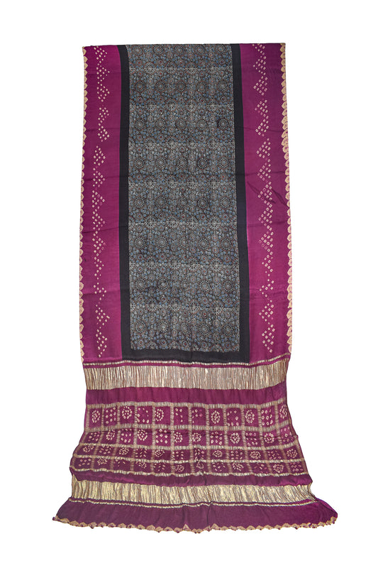 Ajrakh Modal Silk Part Natural Dye Bandhej Border & Bandhej Pallu Gharchola Design Saree Hand Block Print - With Blouse Piece - 5.5 Mtr Length - SKU : ZD29A01C