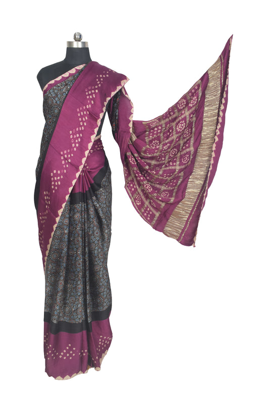 Ajrakh Modal Silk Part Natural Dye Bandhej Border & Bandhej Pallu Gharchola Design Saree Hand Block Print - With Blouse Piece - 5.5 Mtr Length - SKU : ZD29A01C