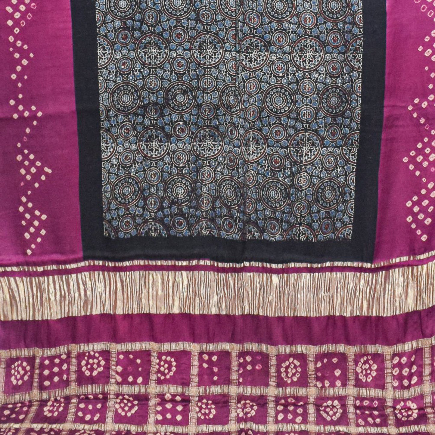 Ajrakh Modal Silk Part Natural Dye Bandhej Border & Bandhej Pallu Gharchola Design Saree Hand Block Print - With Blouse Piece - 5.5 Mtr Length - SKU : ZD29A01C