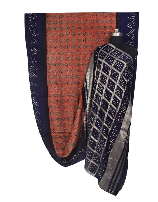 Ajrakh Modal Silk Part Natural Dye Bandhej Border & Bandhej Pallu Gharchola Design Saree Hand Block Print - With Blouse Piece - 5.5 Mtr Length - SKU : ZD15A01B