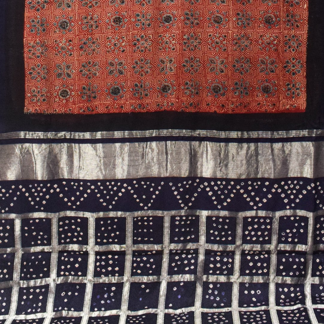 Ajrakh Modal Silk Part Natural Dye Bandhej Border & Bandhej Pallu Gharchola Design Saree Hand Block Print - With Blouse Piece - 5.5 Mtr Length - SKU : ZD15A01B