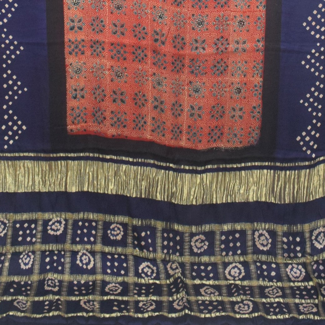 Ajrakh Modal Silk Part Natural Dye Bandhej Border & Bandhej Pallu Gharchola Design Saree Hand Block Print - With Blouse Piece - 5.5 Mtr Length - SKU : ZD29A01B