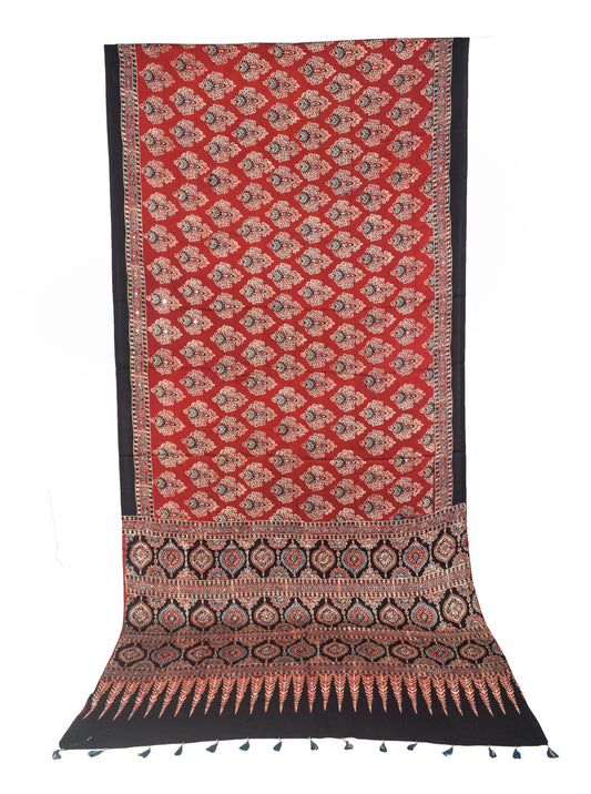 Ajrakh Modal Silk Natural Dye Three Colour Full Printed ( 3 Kam ) Hand Block Print Saree Mirror Work - With Blouse Piece - 5.5 Mtr Length - SKU : MS14801B