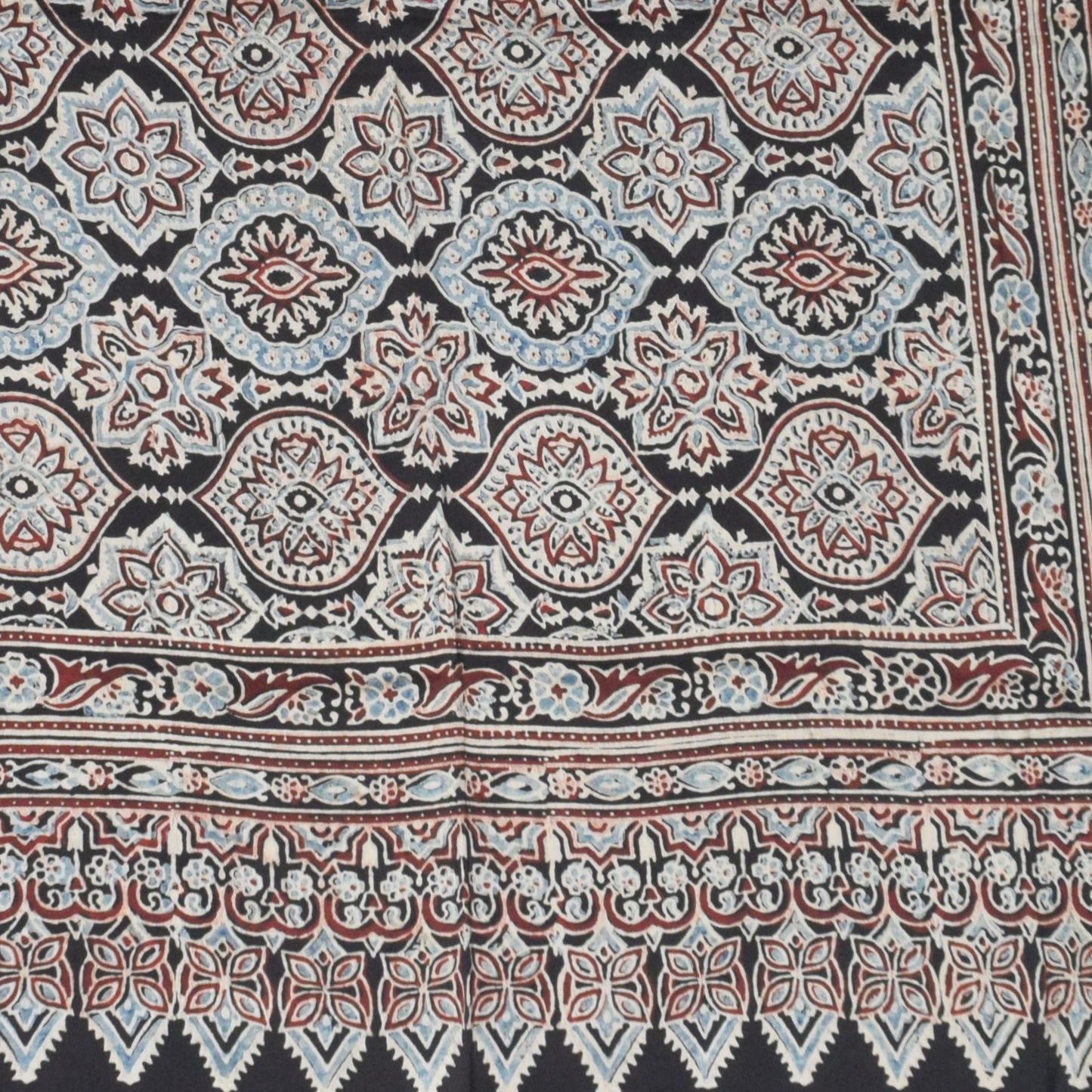 Ajrakh Modal Silk Natural Dye Three Colour Print ( 3 Kam ) Hand Block Print Scarf - 1.1 Mtr Length - SKU : AI11302F