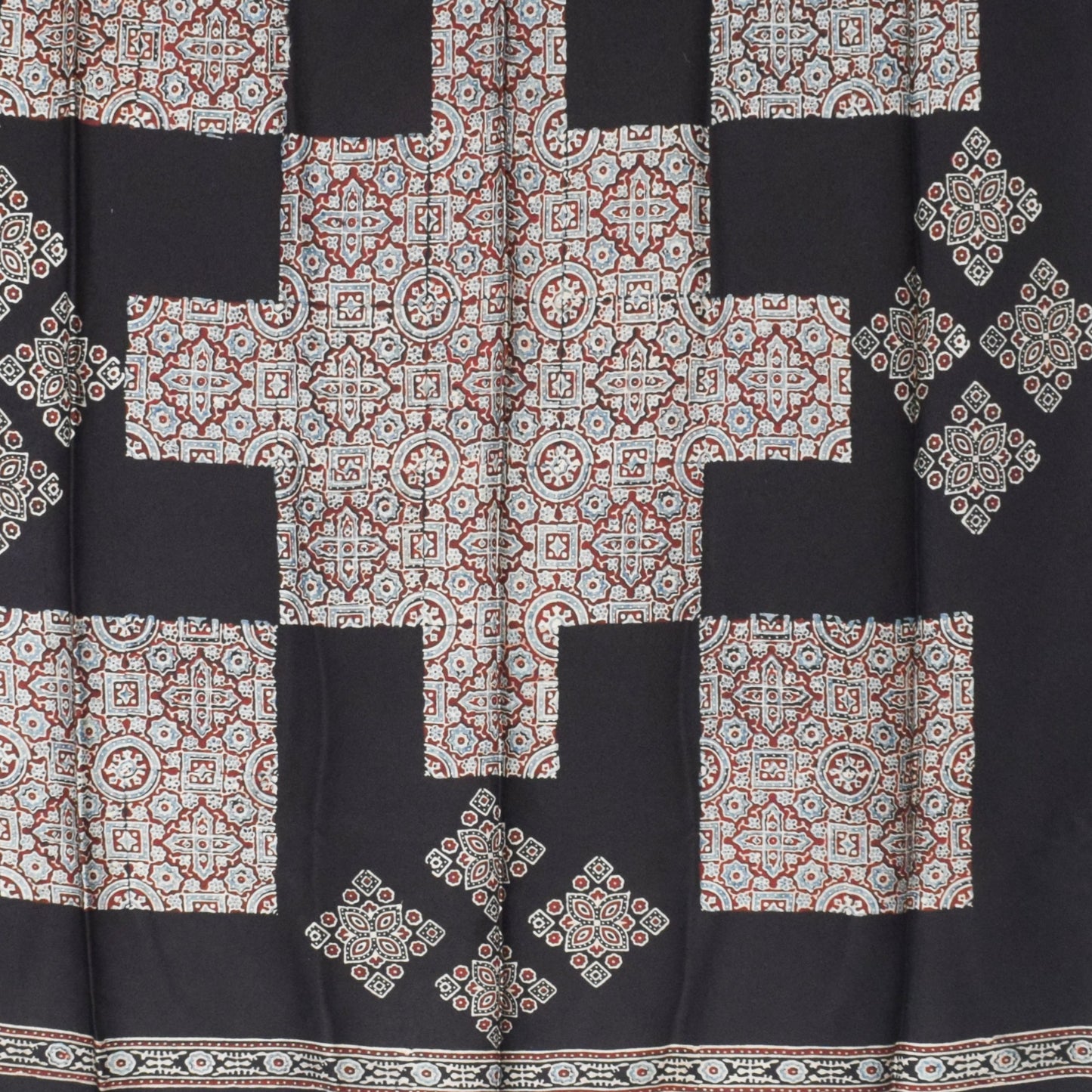 Ajrakh Modal Silk Natural Dye Three Colour Print ( 3 Kam ) Hand Block Print Scarf - 1.1 Mtr Length - SKU : AI11302G
