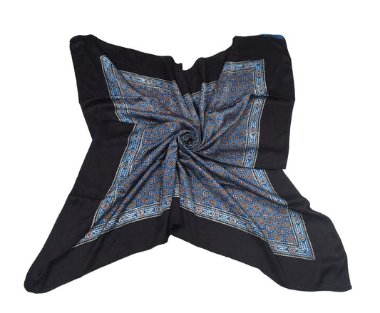 Ajrakh Modal Silk Natural Dye Three Colour Print ( 3 Kam ) Hand Block Print Scarf - 1.1 Mtr Length - SKU : AI11302E