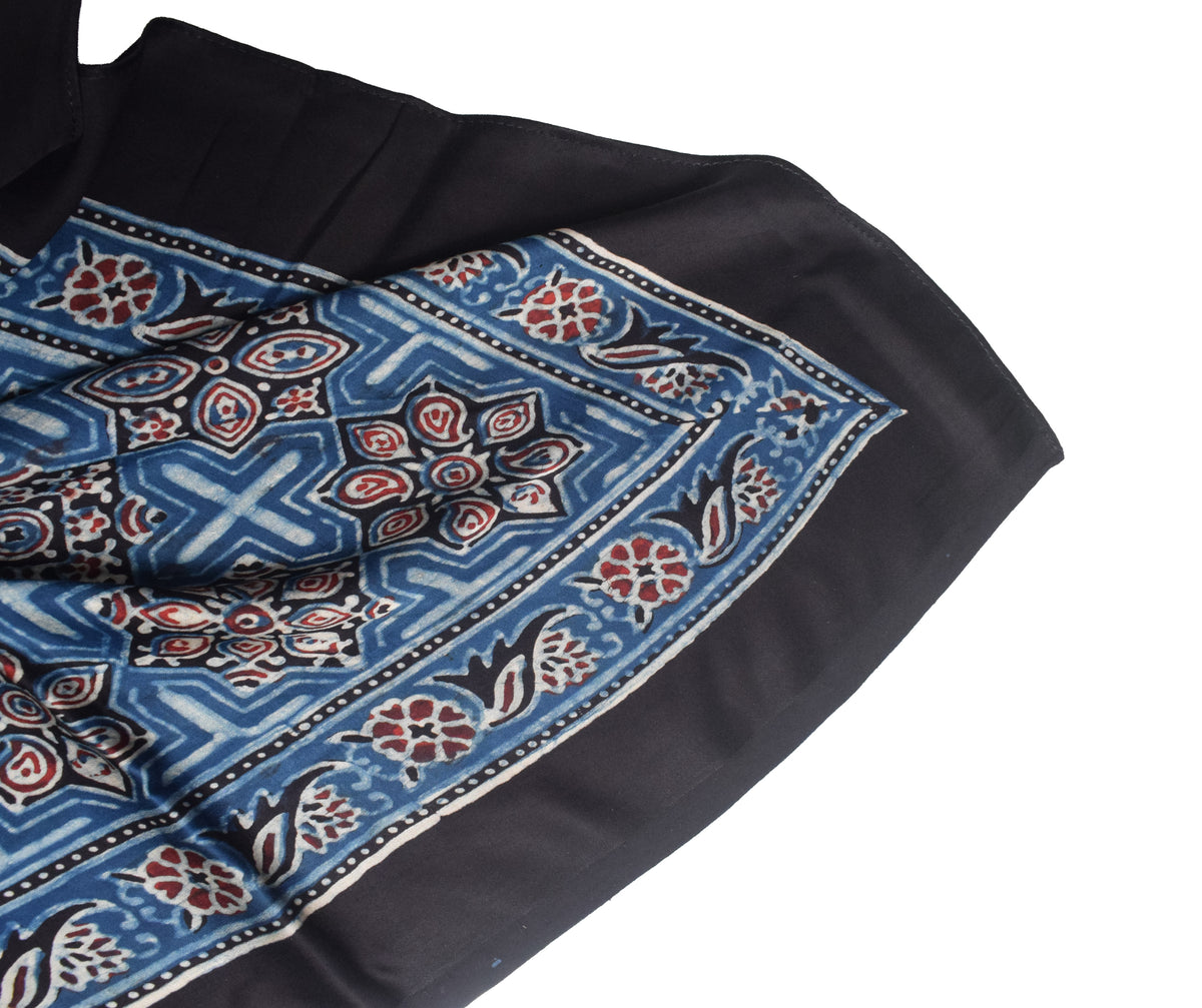 Ajrakh Modal Silk Natural Dye Three Colour Print | 3 Kam | Hand Block Print Scarf - 1.1 Mtr Length - SKU : ID12A01B