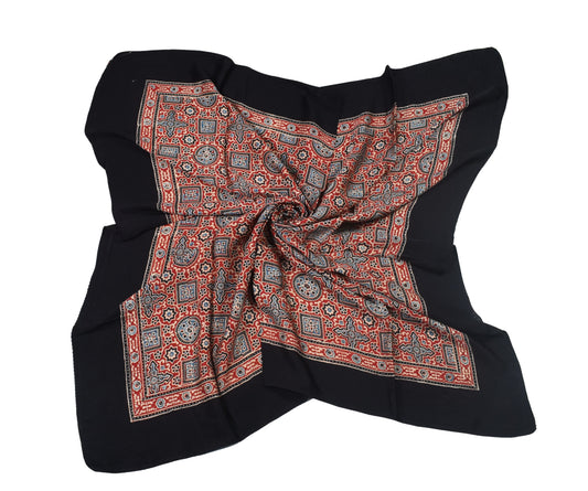 Ajrakh Modal Silk Natural Dye Three Colour Print ( 3 Kam ) Hand Block Print Scarf - 1.1 Mtr Length - SKU : AI11302D