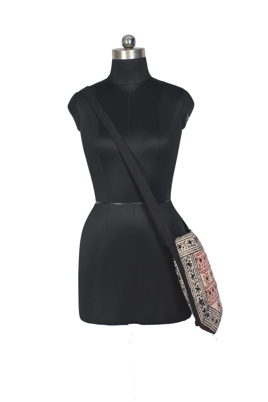 Bela Print Cotton Small Mirror Work Hand Block Print Shoulder Bag - 33 cms Length - SKU : KU28C02A