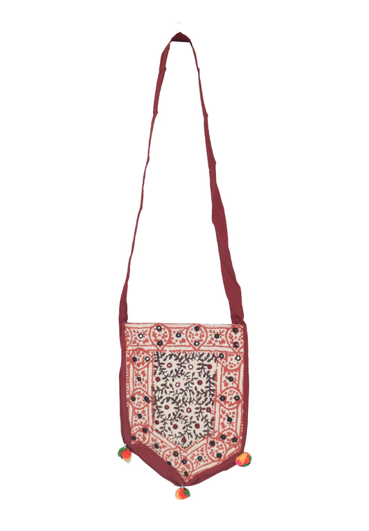 Bela Print Cotton Small Mirror Work Hand Block Print Shoulder Bag - 33 cms Length - SKU : KU28C02C