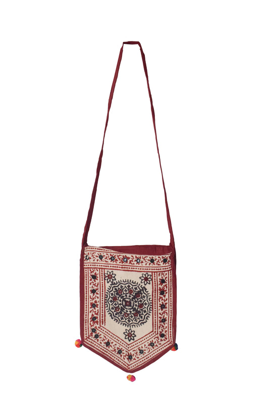 Bela Print Cotton Small Mirror Work Hand Block Print Shoulder Bag - 33 cms Length - SKU : KU28C02D