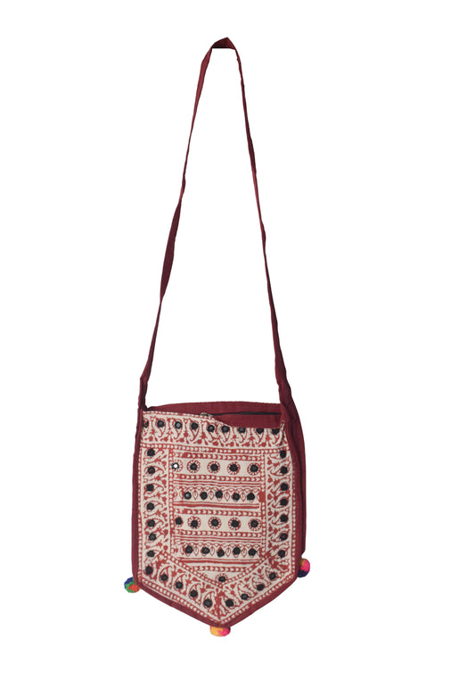 Bela Print Cotton Small Mirror Work Hand Block Print Shoulder Bag - 33 cms Length - SKU : KU28C02E