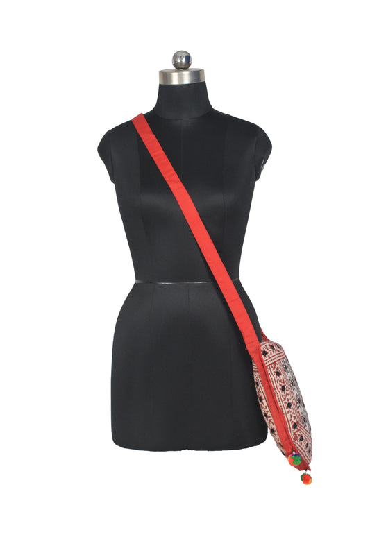 Bela Print Cotton Small Mirror Work Hand Block Print Shoulder Bag - 33 cms Length - SKU : KU28C02F