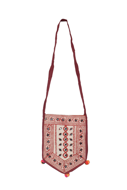 Bela Print Cotton Small Mirror Work Hand Block Print Shoulder Bag - 33 cms Length - SKU : KU28C02I