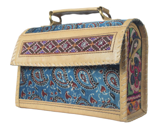 Ajrakh Rexine Hand Embroidered Mirror Work Sling Bag - 16 cms Length - SKU : AB28501C