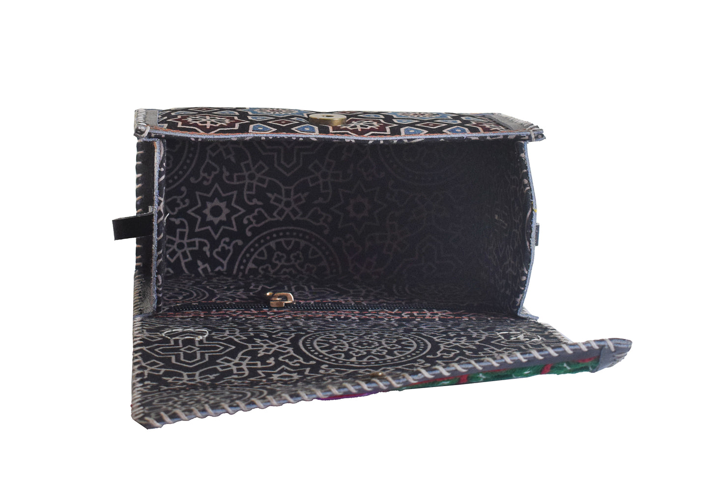 Ajrakh Pure Leather Leathercraft Hand Made Hand Embroidery Sling Bag Mirror Work - 15 cms Height x - SKU : AB21304D