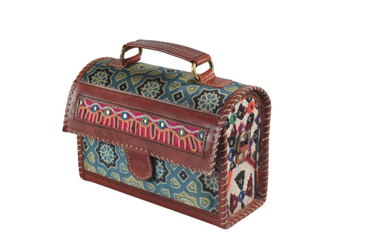 Ajrakh Pure Leather Leathercraft Hand Made Hand Embroidery Sling Bag Mirror Work - 15 cms Height x - SKU : AB23B01B