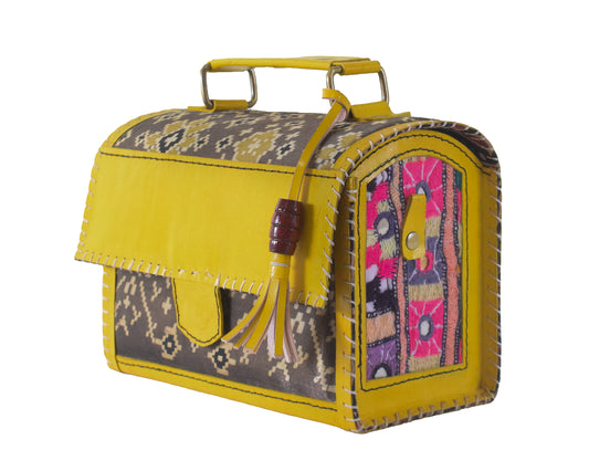 Ajrakh Pure Leather Leathercraft Hand Made Hand Embroidery Sling Bag Mirror Work - 15 cms Height x - SKU : AB21304B