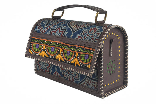 Ajrakh Rexine Hand Made Hand Embroidery Sling Bag Mirror Work - 13 cms Height x - SKU : AB06803C