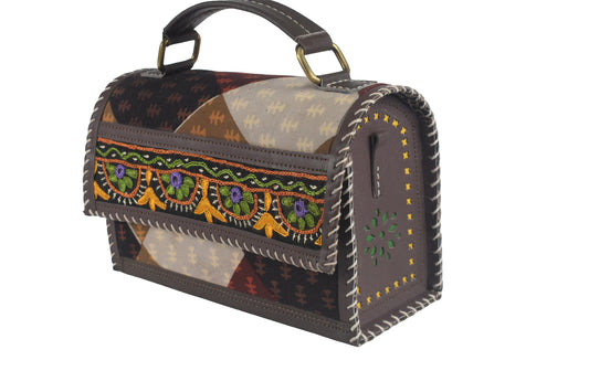 Ajrakh Rexine Hand Made Hand Embroidery Sling Bag Mirror Work - 13 cms Height x - SKU : AB06803A
