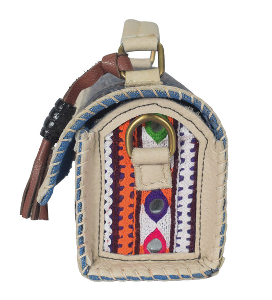 Ajrakh Pure Leather Leathercraft Hand Made Hand Embroidery Sling Bag with Ajrakh Natural Dyed Mashru Silk Body - 12 cms Length - SKU : AB25501F