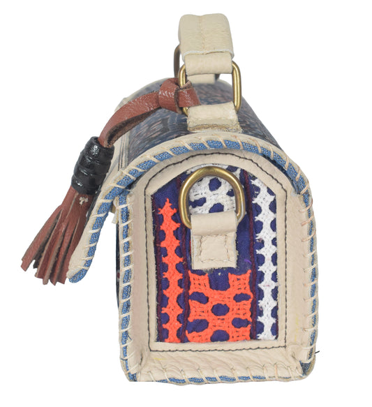 Ajrakh Pure Leather Leathercraft Hand Made Hand Embroidery Sling Bag with Ajrakh Natural Dyed Mashru Silk Body - 12 cms Length - SKU : AB25501J