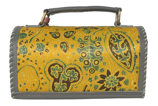 Ajrakh Pure Leather Leathercraft Hand Made Hand Embroidery Sling Bag with Ajrakh Natural Dyed Mashru Silk Body - 12 cms Length - SKU : AB25501N