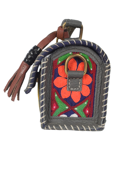 Ajrakh Pure Leather Leathercraft Hand Made Hand Embroidery Sling Bag with Ajrakh Natural Dyed Mashru Silk Body - 12 cms Length - SKU : AB25501P