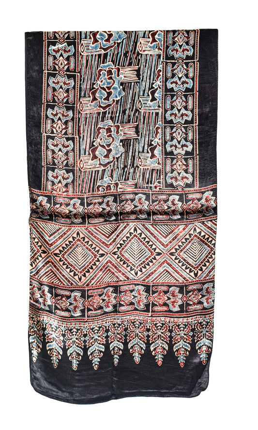 Ajrakh Mashru Silk Natural Dye Hand Block Print Stole - 2 Mtr Length - SKU : JH02C02C