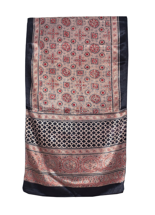 Ajrakh Mashru Silk Natural Dye Hand Block Print Stole  - 2.1 Mtr Length    -  SKU : ID04401A