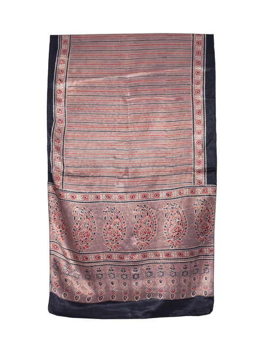 Ajrakh Mashru Silk Natural Dye Hand Block Print Stole  - 2.1 Mtr Length    -  SKU : ID04401D