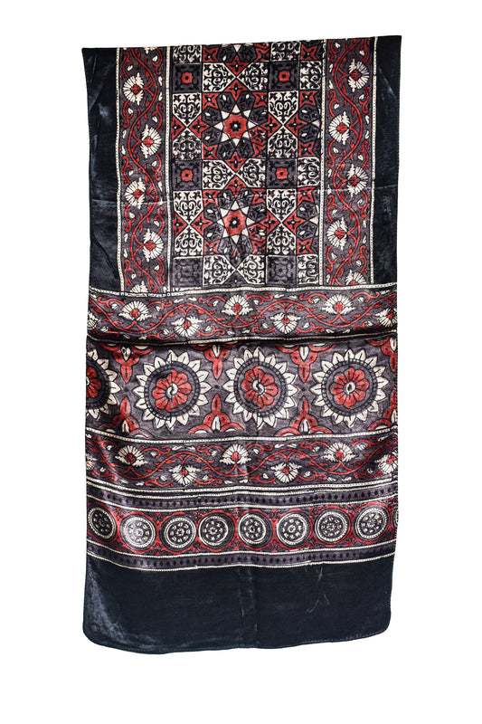 Ajrakh Mashru Silk Natural Dye Hand Block Print Stole - 2 Mtr Length - SKU : JH02C02A
