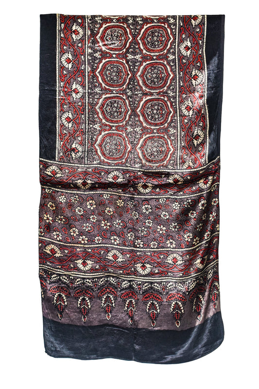 Ajrakh Mashru Silk Natural Dye Hand Block Print Stole - 2 Mtr Length - SKU : JH02C02B