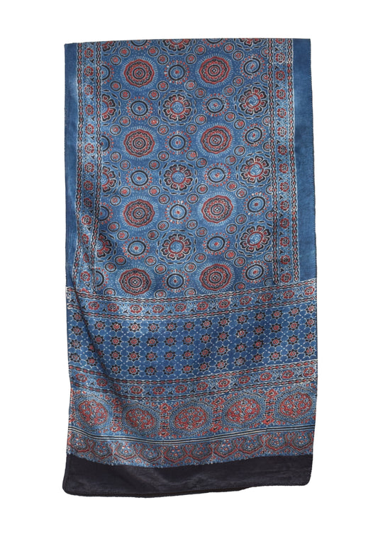 Ajrakh Mashru Silk Natural Dye Hand Block Print Stole  - 2.1 Mtr Length    -  SKU : ID0440AG