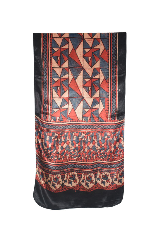 Ajrakh Mashru Silk Natural Dye Hand Block Print Stole - 2 Mtr Length - SKU : JH02C02E