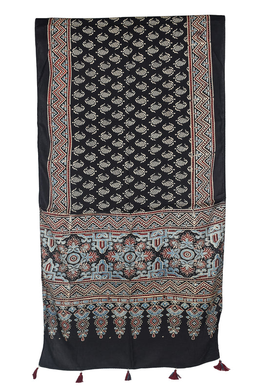 Ajrakh Modal Silk Natural Dye Hand Block Print Stole With Tassels - 2 Mtr Length - SKU : AI18702D