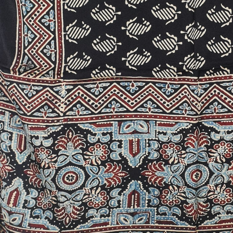 Ajrakh Modal Silk Natural Dye Hand Block Print Stole With Tassels - 2 Mtr Length - SKU : AI18702D