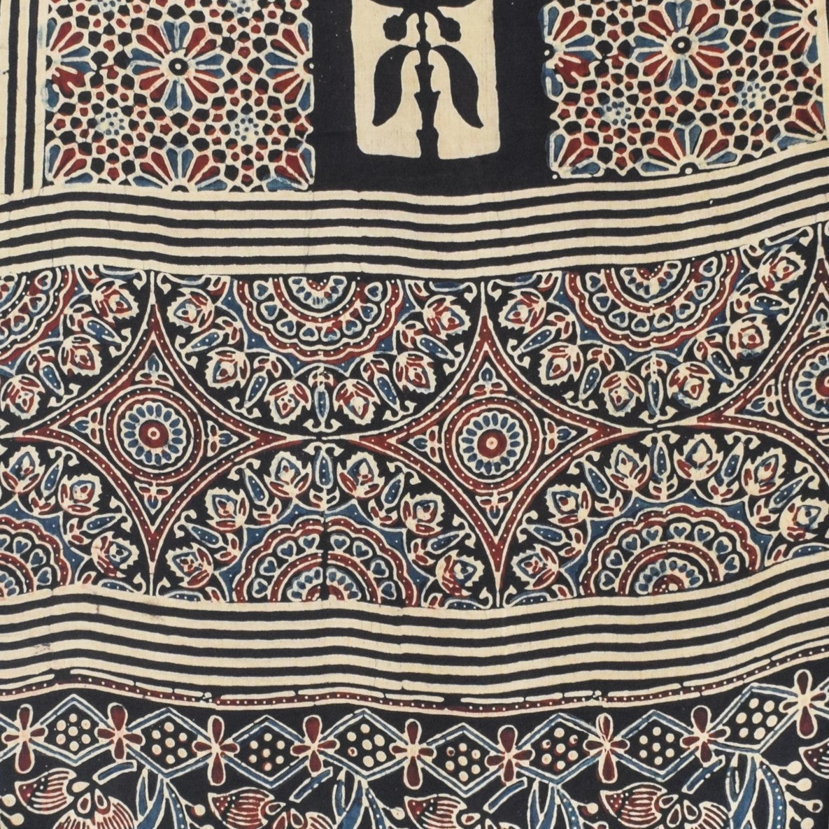 Ajrakh Modal Silk Natural Dye Hand Block Print Stole With Tassels - 2 Mtr Length - SKU : EK28901F