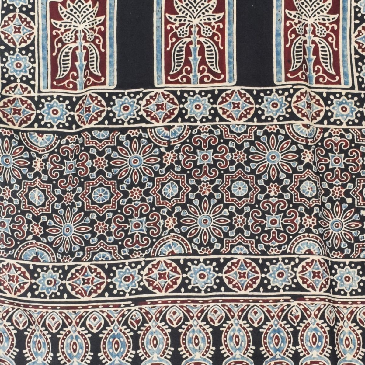 Ajrakh Modal Silk Natural Dye Hand Block Print Stole With Tassels - 2 Mtr Length - SKU : EK28901K