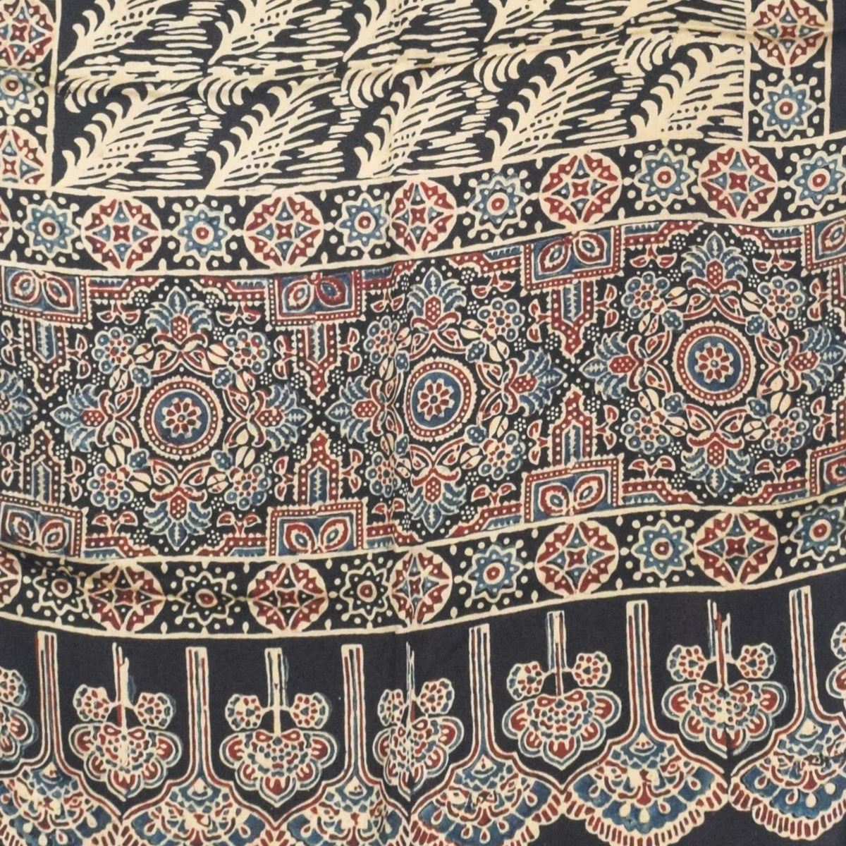 Ajrakh Modal Silk Natural Dye Hand Block Print Stole With Tassels - 2 Mtr Length - SKU : AI27803U