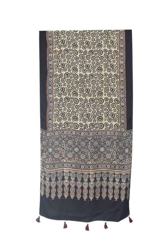 Ajrakh Modal Silk Natural Dye Hand Block Print Stole With Tassels - 2 Mtr Length - SKU : EK11A01Q