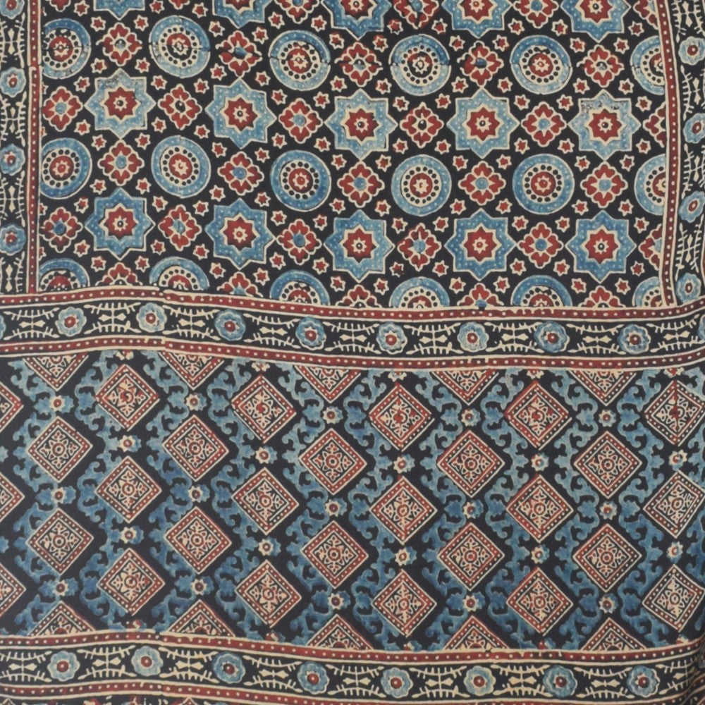 Ajrakh Modal Silk Natural Dye Hand Block Print Stole With Tassels - 2 Mtr Length - SKU : EK11A01S
