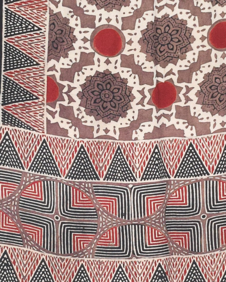 Ajrakh Modal Silk Natural Dye Hand Block Print Stole With Tassels - 2 Mtr Length - SKU : AI1313AD